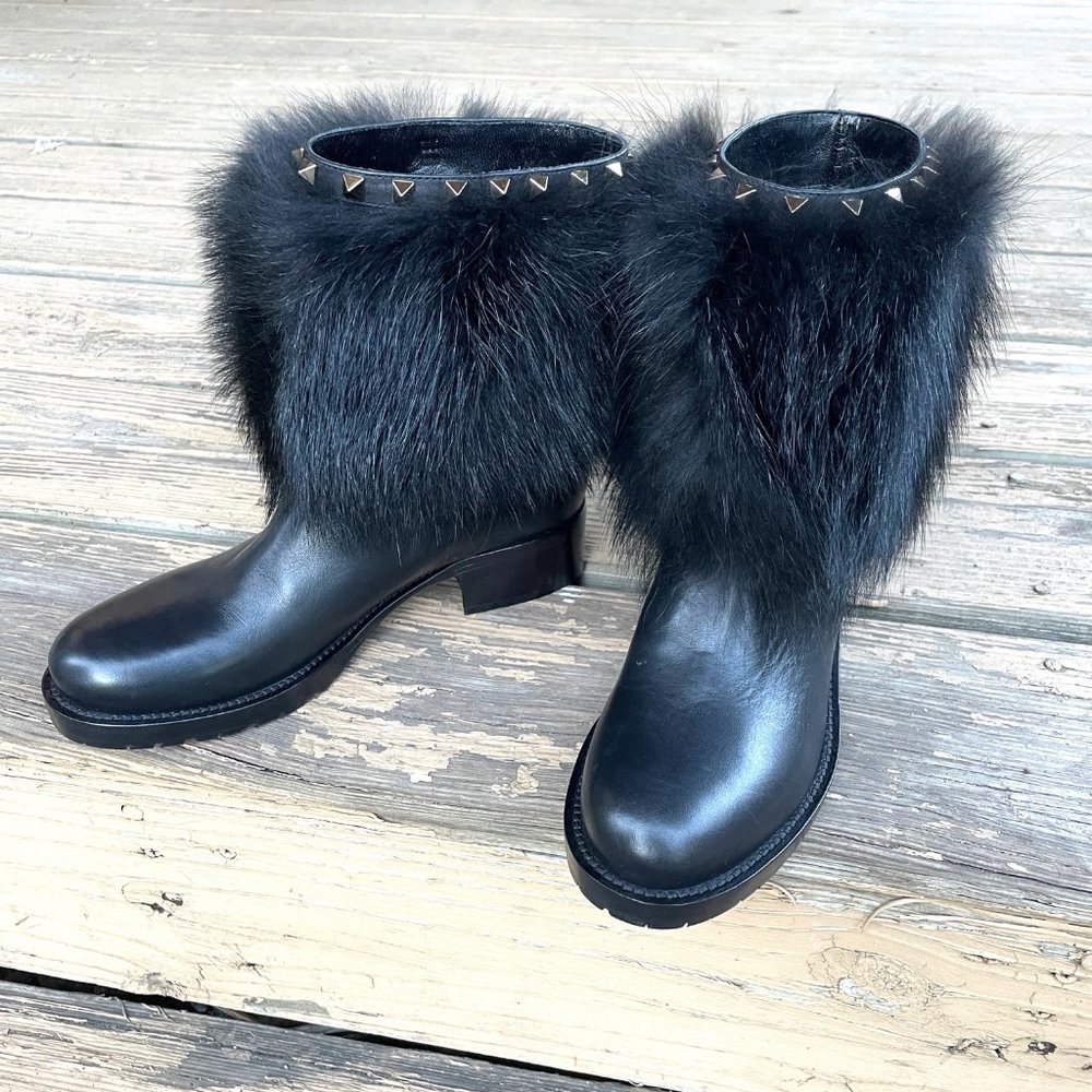 Valentino Fox Fur Leather Rockstud Stud Ankle Biker Flat Boot